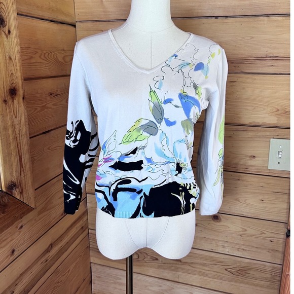 SPANNER Sweaters - V-neck Abstract Floral Swirl Graphic Print Sweater Womens Small White Spanner